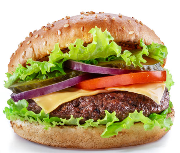 istock Delicious hamburger with beef cutlet, vegetables and onions isolated on a white background. Fast food concept. 1356412071