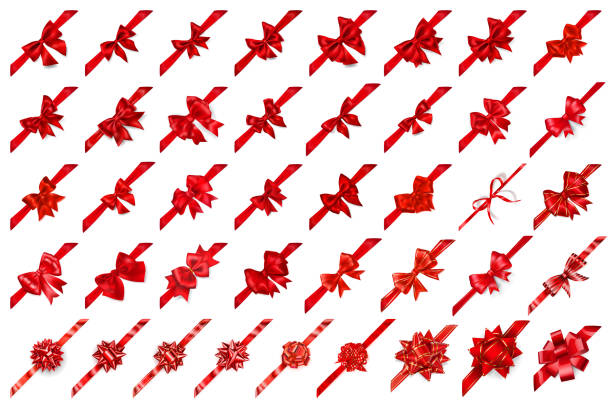 illustrazioni stock, clip art, cartoni animati e icone di tendenza di set di fiocchi rossi con nastri disposti diagonalmente - bow satin red large