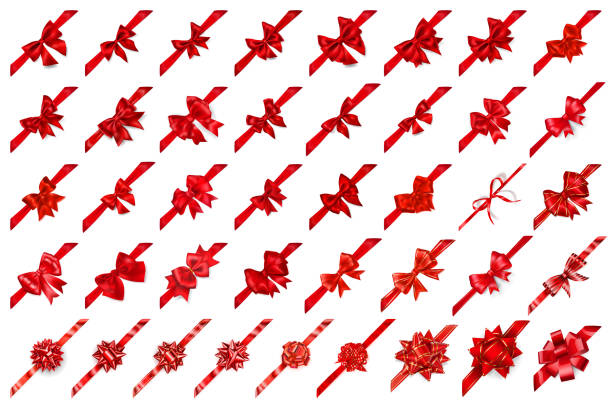 Set of red bows with ribbons arranged diagonally Set of 41 beautiful realistic big red bows of various shapes with ribbons arranged diagonally. With shadows, on white background. Vector illustration corner ribbon stock illustrations