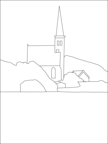 stockillustraties, clipart, cartoons en iconen met church of den hoorn, texel, netherlands. drawing in black and white of the town of den hoorn, with the church tower - texel