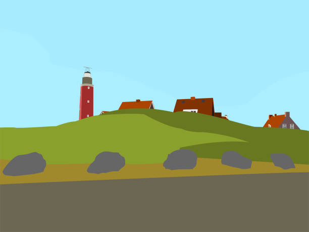 stockillustraties, clipart, cartoons en iconen met the lighthouse of de cocksdorp with the houses around it. texel, netherlands - texel