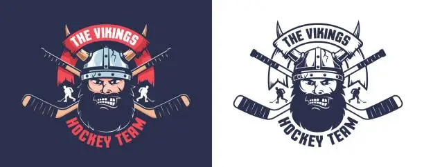 Vector illustration of Hockey logo with bearded angry Viking head and crossed sticks