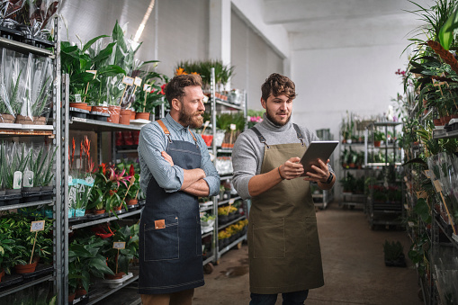Two male florists chek quality control on plants in flower shop using digital tablet