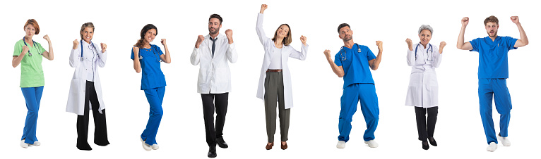 Collection of full length portraits of happy medical doctors cheering with raised hands and holding fists. Design element isolated on white background