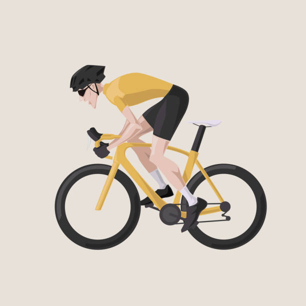 шоссейный велоспорт, плоский дизайн векторного велосипедиста в желтой майке, вид сбоку. мультяшный рисунок - road cycling stock illustrations
