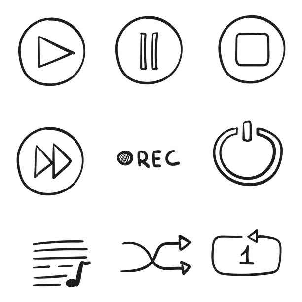 낙서 스타일로 설정된 손으로 그린 아이콘 음악 및 비디오 플레이어 고립 - resting interface icons play symbol stock illustrations