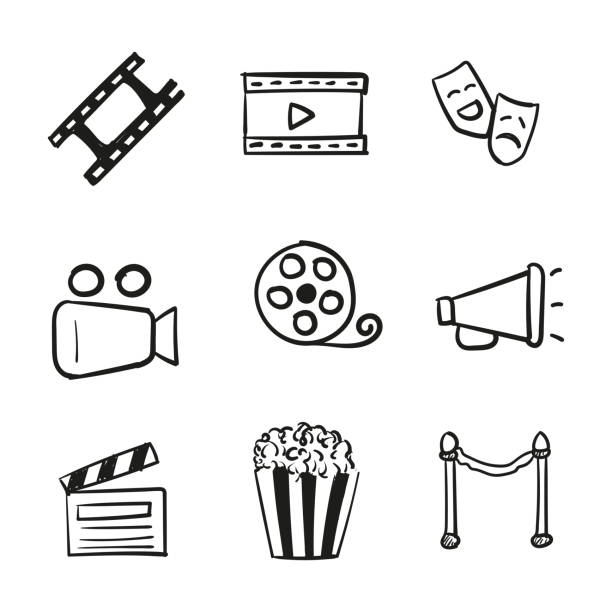 Hand drawn icon set of cinema in doodle style isolated Hand drawn icon set of cinema in doodle style isolated. movie drawings stock illustrations