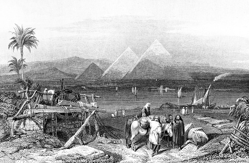 The Nile river and Great Pyramids at Giza, Egypt, drawing by Clarkson Frederick Stanfield. Vintage etching circa 19th century.
