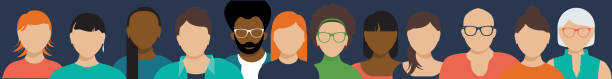 DIVERSE PEOPLE FRONT VIEW OF SEVERAL PEOPLE OF DIFFERENT ETHNICS AND GENDERS FORMING A LINE, NEXT TO EACH OTHER age diversity stock illustrations