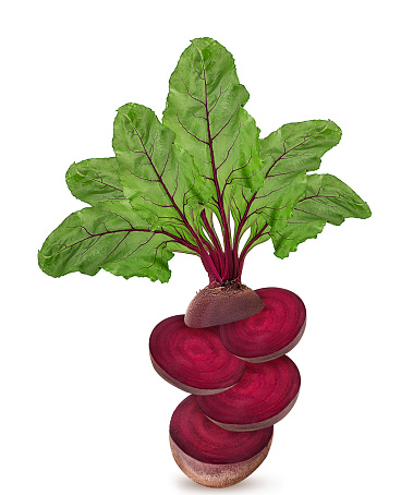Fresh red beet root with leaf slice flying in the air isolated on white background. Clipping Path