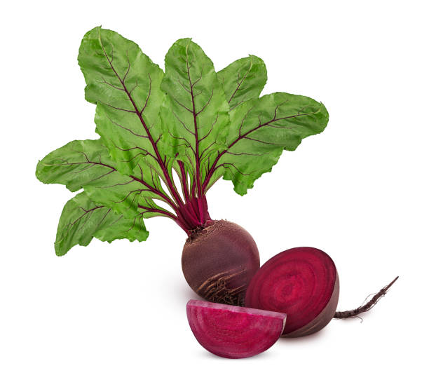 istock Fresh red beet root one cut in half and slice with green leaf 1356418827