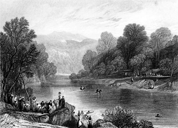 Crossing the River Jordan in the West Bank, Palestine, Drawing by Augustus Wall Callcott - Ottoman Empire 19th Century A crossing at the River Jordan in the West Bank, Palestine, drawing by Augustus Wall Callcott. Vintage etching circa 19th century. ford crossing stock illustrations