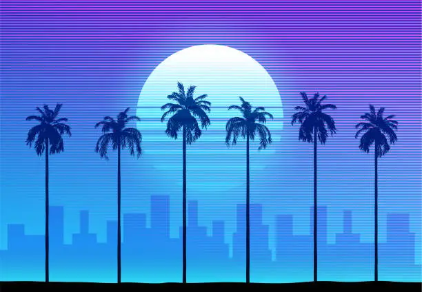 Vector illustration of Synthwave retro background - palm trees