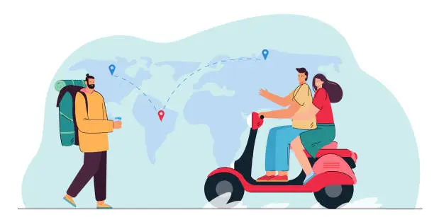 Vector illustration of Couple riding moped and man with rucksack hitchhiking on map