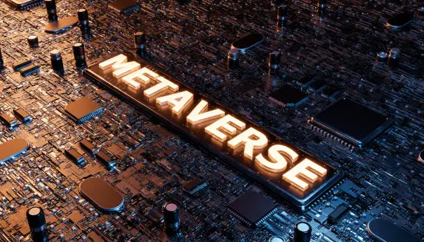 Photo of METAVERSE sign on an electronic chip on a motherboard