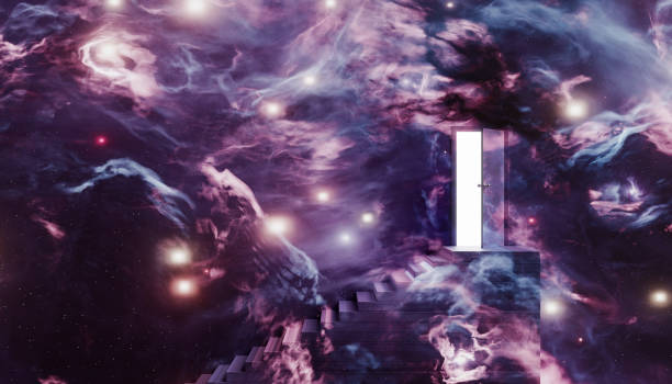 istock nebula background with stairs and an open door 1356420362
