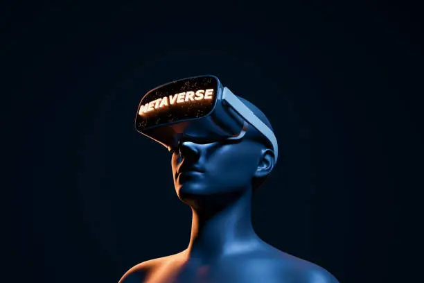 conceptual and futuristic 3d woman with virtual reality goggles and illuminated METAVERSE sign. futuristic concept of video games, NFT, VR and crypto. 3d rendering