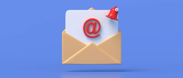 Inbox email notification, one new e mail, minimal envelope, blue color background, 3d illustration Inbox email, one new e mail, minimal design envelope and red popup notification on blue color background, space. Business address communication app. 3d illustration 3d red letter e stock pictures, royalty-free photos & images