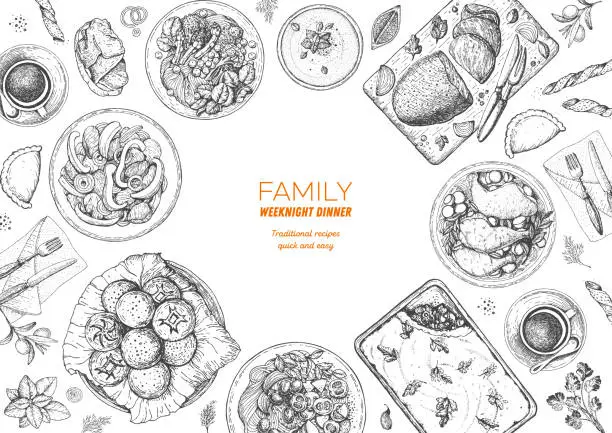 Vector illustration of Family dinner top view, vector illustration. Friendly dinner table. Food design template. Engraved style background. Hand drawn sketch, design template.