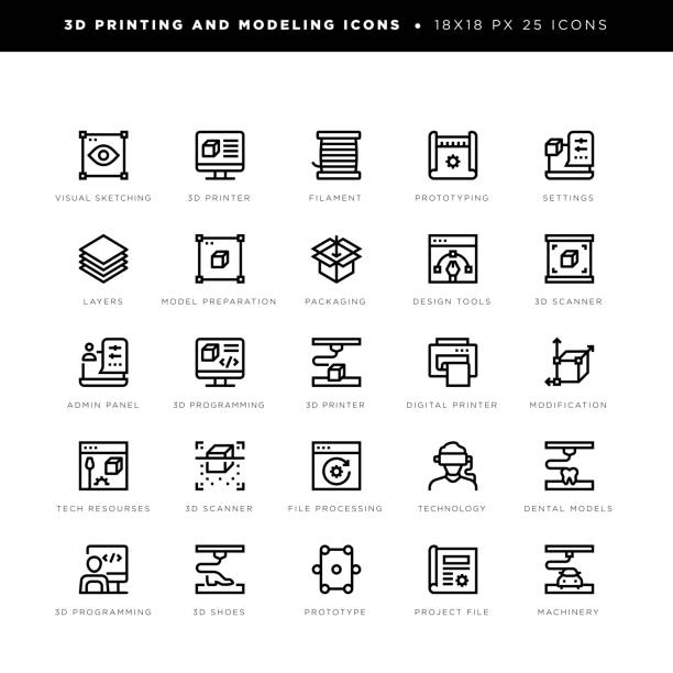 3D printing and modelling icons for visual sketching, prototyping, model preparation, programming, 3D scanner etc. 18 x 18 pixel high quality editable stroke line icons. These 25 simple modern icons are about 3D printing, modeling and include icons of visual sketching, 3D printer, filament, prototyping, setting, layers, model preparation, packaging, 3D scanner, 3D programming, modification, 3D scanner, machinery etc. cycle vehicle stock illustrations