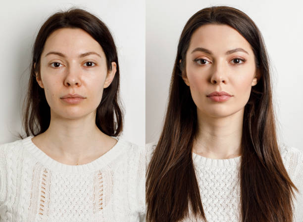 mulher antes e depois da maquiagem. . o conceito de transformação, beleza após aplicar maquiagem com maquiador. resultado sem retocar - série de retoques - fotografias e filmes do acervo