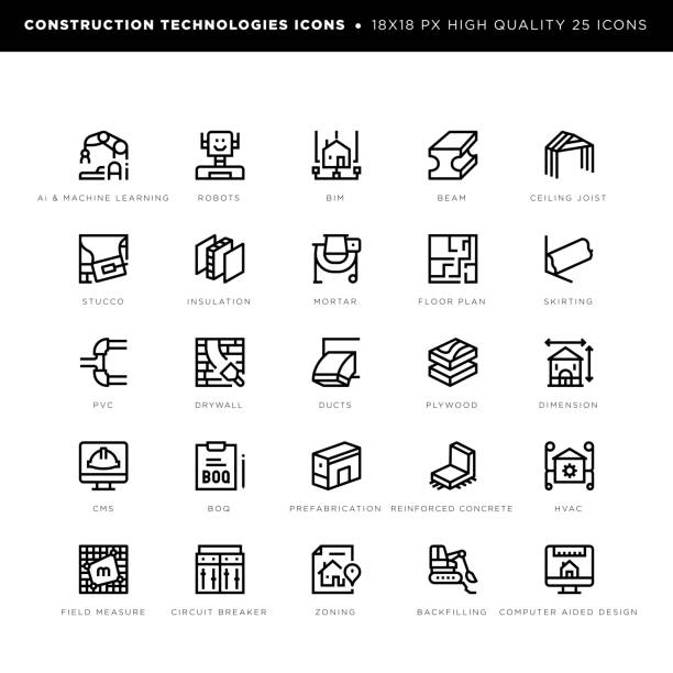 illustrations, cliparts, dessins animés et icônes de icônes des technologies de construction pour les cloisons sèches, l’inulation, la préfabrication, le remblayage, etc. - stucco