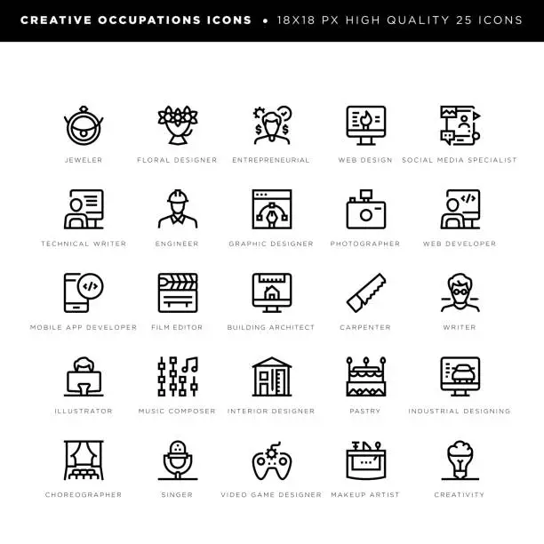 Vector illustration of Creative occupations and creativity icons for graphic designer, photographer, architect, writer, illustrator, singer etc.