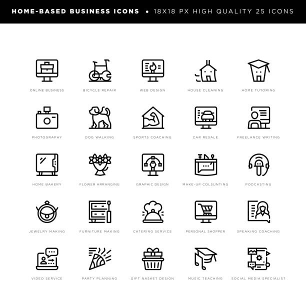 Home-based business icons for online business, bicycle repair, web design, podcasting, hom bakery, flower arranging etc. 18 x 18 pixel high quality editable stroke line icons. These 25 simple modern icons are about home-based business and include icons of online business, bicycle repair, web design, house cleaning, home tutoring, photography, dog walking, sports coaching, car resale, freelance writing, home bakery, flower arranging, graphic design, make-up consulting, podcasting, jewelry making, furniture making, catering service, personal shopper, speaking coaching, video service, party planning, gift basket design, music teaching, social media specialist. homemade gift boxes stock illustrations