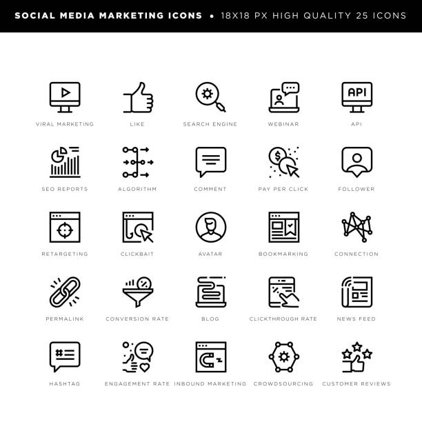 Social media marketing icons 18 x 18 pixel high quality editable stroke line icons. These 25 simple modern icons are about social media marketing and include icons of viral marketing, like, search engine, webinar, API, set reports, algorithm, comment, pay per click, follower, retargeting, clickbait, avatar, bookmarking, connection, permalink, conversion rate, blog, clickthrough rate, news feed, hashtag, engagement rate, inbound marketing, crowdsourcing, customer reviews etc. news feed icon stock illustrations