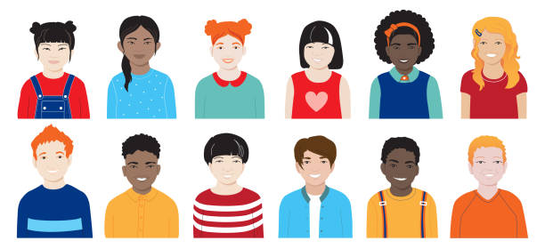 Diverse kids Set of avatars Set of vector avatars, diverse happy smiling kids collection. International school classmates, preschoolers, multiracial group children. African, Asian, Chinese, redhead boys, girls, isolated on white black hair illustrations stock illustrations