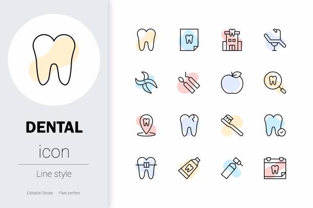 illustrazioni stock, clip art, cartoni animati e icone di tendenza di set di icone vettoriali dentali a linea sottile. - dental drill