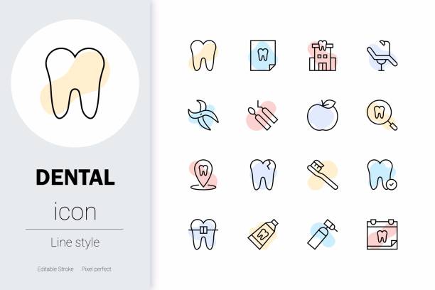 dental, thin line vector icon set. - diş hekimliği kliniği stock illustrations