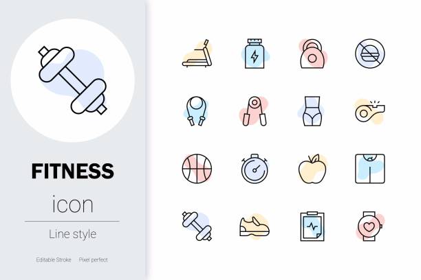 Fitness, thin line vector icon set. Fitness, thin line vector icon set. Pixel perfect. Editable outline stroke. exercise class icon stock illustrations