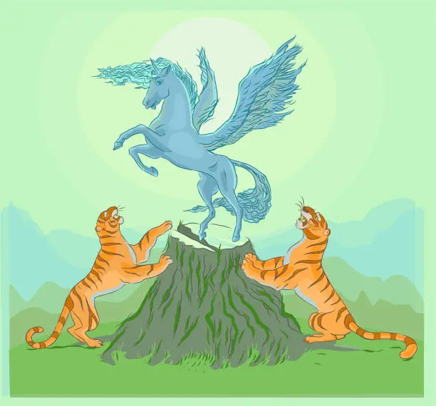 Vector illustration of tigers and unicorn