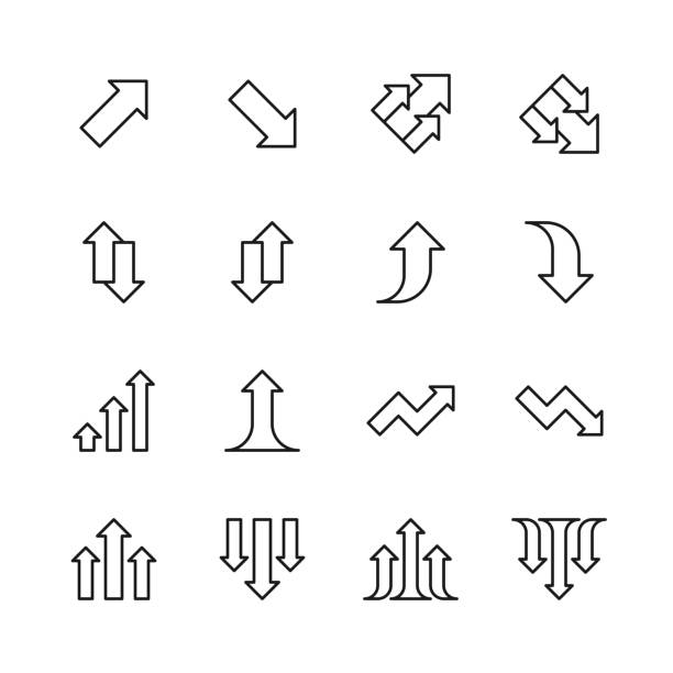 ilustrações de stock, clip art, desenhos animados e ícones de increase and decrease line icons. editable stroke, contains such icons as arrow, chart, diagram, finance and economy, direction, graph, growth, interest rate, investment, performance, planning, sharing, stock market data, success, traffic. - graph moving down recession line graph