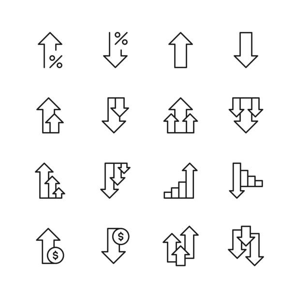 Increase and Decrease Line Icons. Editable Stroke, Contains such icons as Arrow, Chart, Diagram, Finance and Economy, Direction, Graph, Growth, Interest Rate, Investment, Performance, Planning, Sharing, Stock Market Data, Success, Traffic. 16 Increase and Decrease Line Icons. Arrow, Benefits, Charity Benefit, Chart, Contrasts, Crash, Currency, Development, Diagram, Direction, Downloading, Falling, Finance, Finance and Economy, Financial Report, Graph, Growth, High Up, Interest Rate, Investment, Lowering, Making Money, Mathematics, Moving Down, Moving Up, Negative Emotion, Performance, Planning, Pointing, Positive Emotion, Presentation, Price, Reduction, Sharing, Stock Market and Exchange, Stock Market Data, Success, Traffic Arrow Sign. chevron road sign stock illustrations