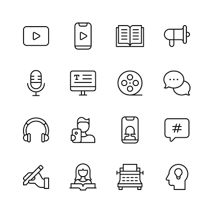 Storytelling Line Icons. Editable Stroke, Contains such icons as Art, Article, Audio, Book, Brand, Cinema, Marketing, Microphone, Movie, Music, Newspaper, Photography, Play, Podcast, Text Messaging, Theatre, Typewriter, Video, Writing, Story, Tale.