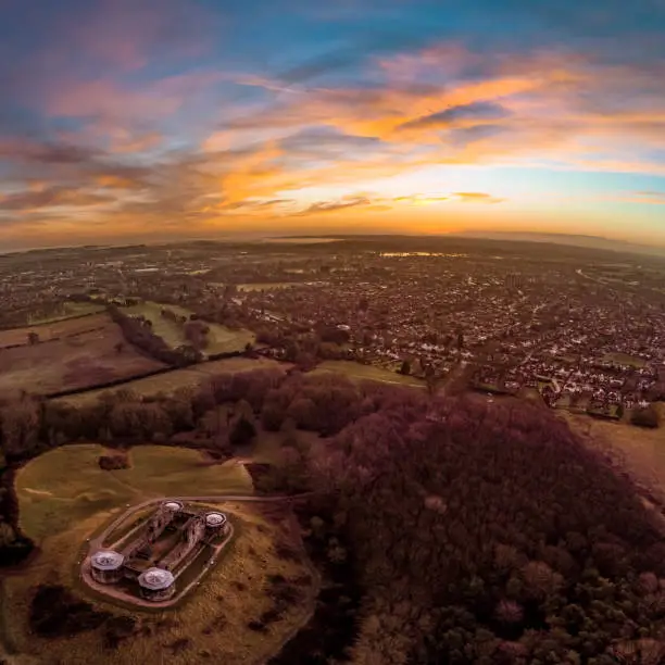 Aerial view of Stafford Castle on a winter sunrise