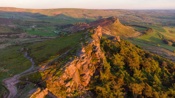 The Roaches Aerial View at Sunset View of The Roaches and Hen Cloud at sunset peak district national park stock pictures, royalty-free photos & images