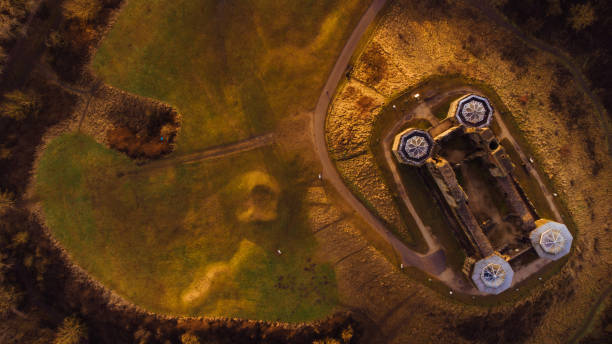 Aerial view of Stafford Castle on a winter sunrise