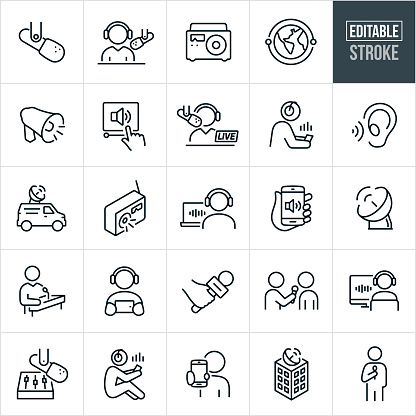 A set of radio broadcasting icons that include editable strokes or outlines using the EPS vector file. The icons include a microphone, radio host broadcasting a radio show, radio, global communications, megaphone, online radio, live radio broadcast, person listening to radio broadcast on smartphone, listening ear, broadcast van, person listening to radio broadcast on laptop computer, mobile phone being used to listen to broadcast, satellite dish, person at podium giving speech that is broadcast via radio, hand holding microphone, reporter interviewing person using microphone, radio sound board and microphone and other related icons.