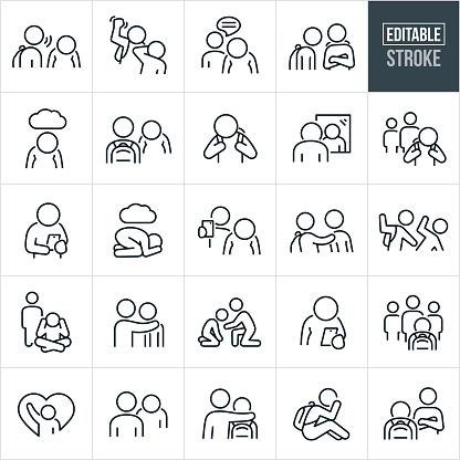 A set of bullying icons that include editable strokes or outlines using the EPS vector file. The icons include a student verbally bullying another student because of his weight, bully hitting another student, overweight child depressed because of being bullied over weight, sad student with backpack upset over being bullied, sad person looking in mirror, kids bullying another student at school, sad child with head down while reading comments on social media, depressed child on ground with cloud overhead, bully taking picture of sad overweight child, person with hand on shoulder of person sad from being bullied, parent reaching out to bullied child, adult with arm around shoulder of bullied student, sad student with head in hands and other related icons.