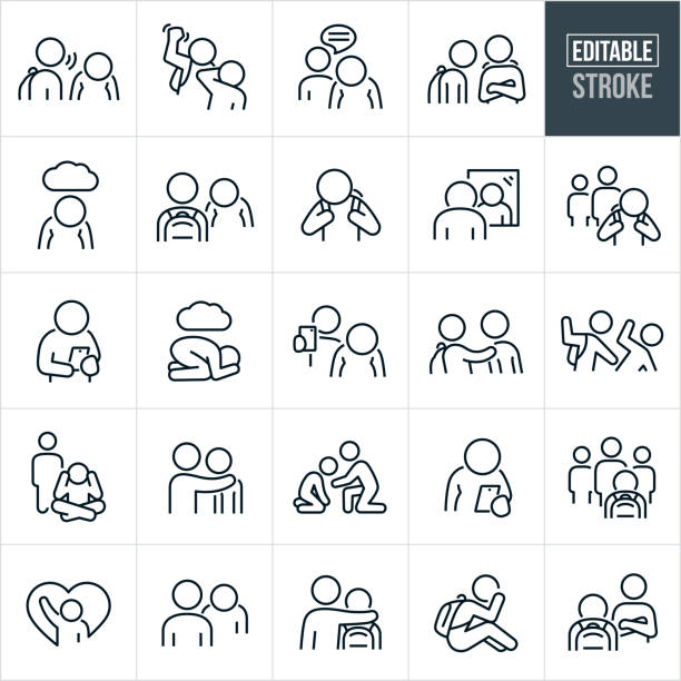 Bullying Thin Line Icons - Editable Stroke A set of bullying icons that include editable strokes or outlines using the EPS vector file. The icons include a student verbally bullying another student because of his weight, bully hitting another student, overweight child depressed because of being bullied over weight, sad student with backpack upset over being bullied, sad person looking in mirror, kids bullying another student at school, sad child with head down while reading comments on social media, depressed child on ground with cloud overhead, bully taking picture of sad overweight child, person with hand on shoulder of person sad from being bullied, parent reaching out to bullied child, adult with arm around shoulder of bullied student, sad student with head in hands and other related icons. bullying stock illustrations