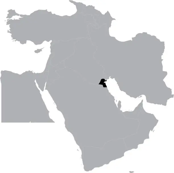 Vector illustration of Black Map of Kuwait inside the gray map of Middle East region of Asia