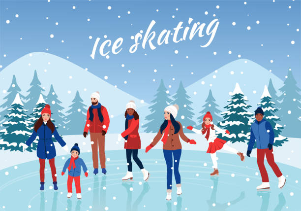 menschen eislaufen. wintereisbahn.  vektorillustration. - eislaufen stock-grafiken, -clipart, -cartoons und -symbole