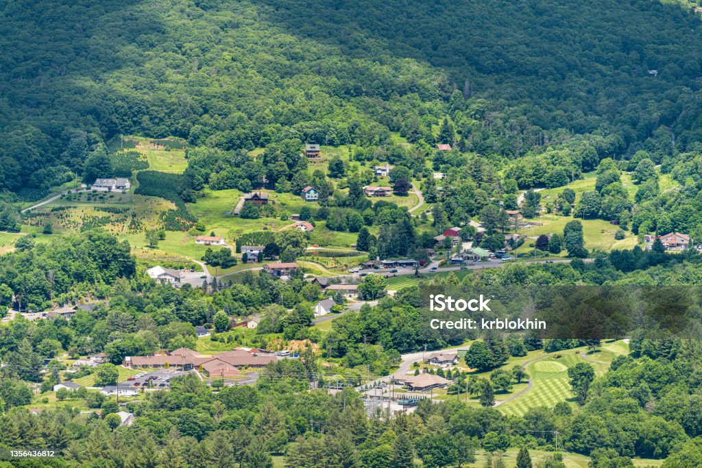 Cityscape high angle above view of Banner Elk town city in summer in North Carolina in Blue Ridge Appalachia viewed from Sugar Mountain ski resort Appalachian Mountains Stock Photo
