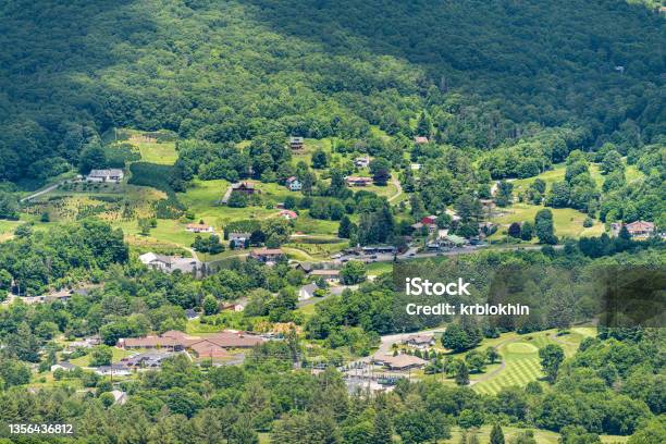 Cityscape High Angle Above View Of Banner Elk Town City In Summer In North Carolina In Blue Ridge Appalachia Viewed From Sugar Mountain Ski Resort Stock Photo - Download Image Now