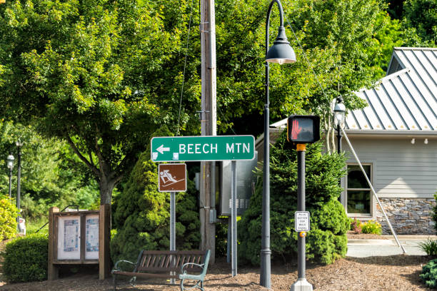 Banner Elk, USA - June 23, 2021: Downtown Banner Elk road street in North Carolina city town sign direction to famous Beech Mountain ski resort Banner Elk, USA - June 23, 2021: Downtown Banner Elk road street in North Carolina city town sign direction to famous Beech Mountain ski resort beech tree stock pictures, royalty-free photos & images