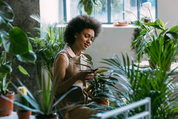 istock Smiling Female Florist Sitting in her Workshop Surrounded with Plants 1356438152