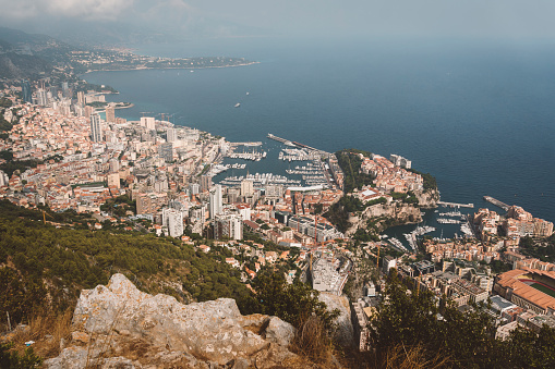 Monaco and Monte Carlo from a view point above the city, glamour of French Riviera, second smallest country.